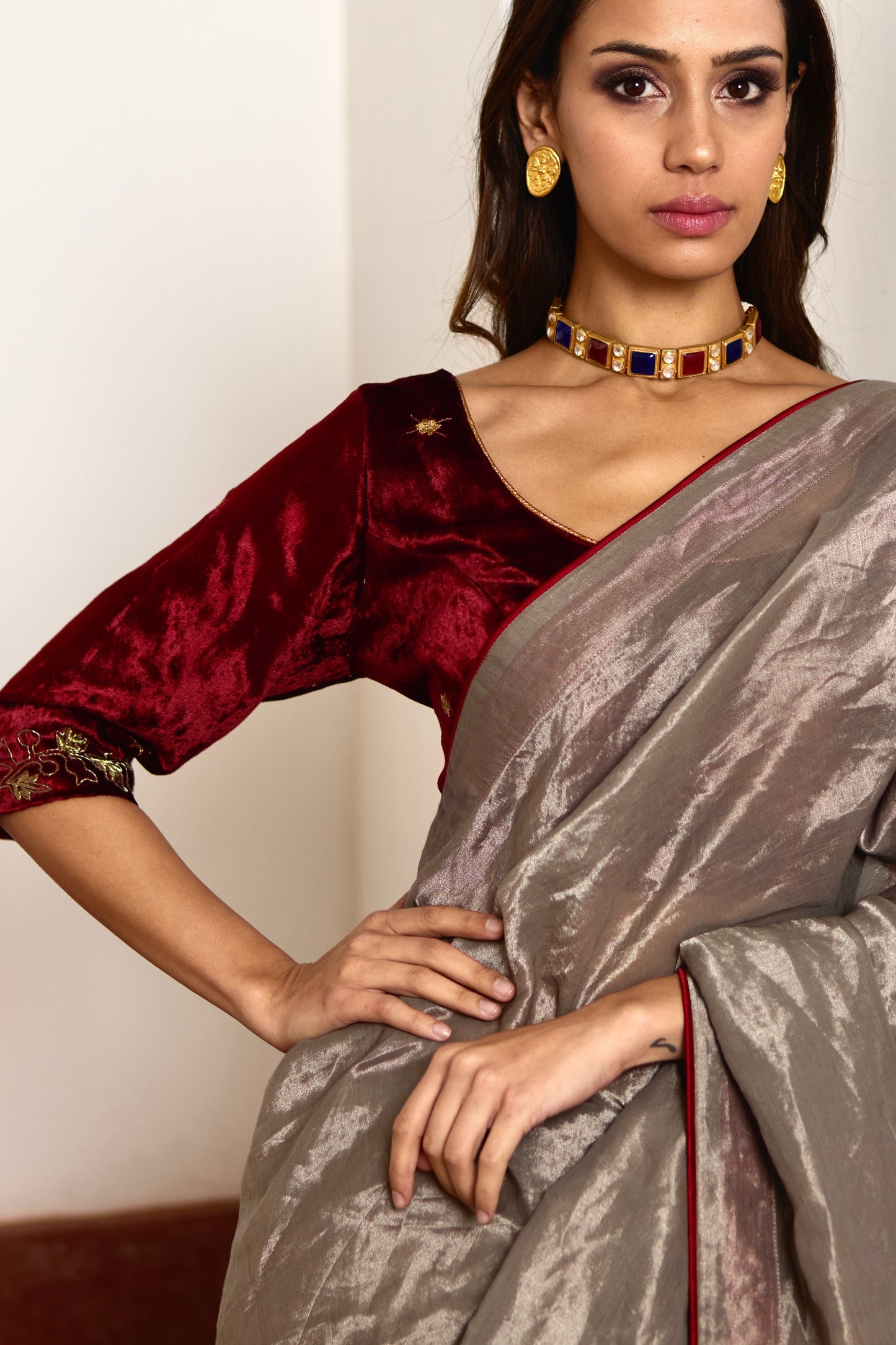 Saree in Silver Tissue with Red Facing