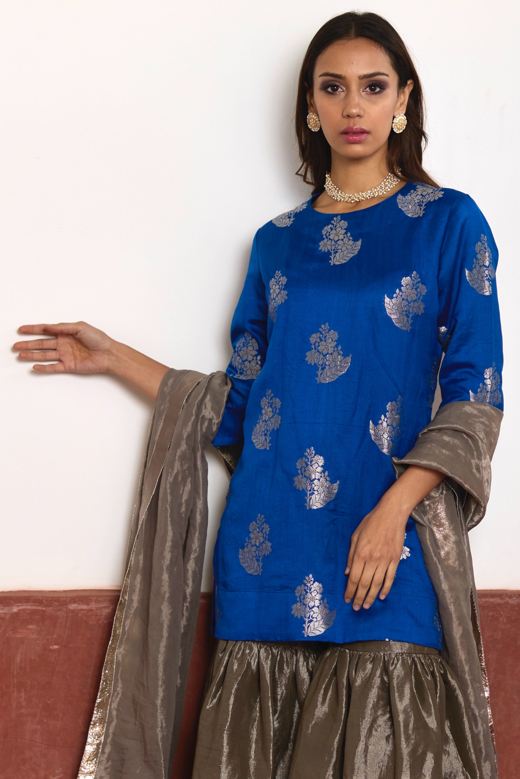 Zero Neck Short Kurta in Blue Brocade with Silver Tissue Sharara