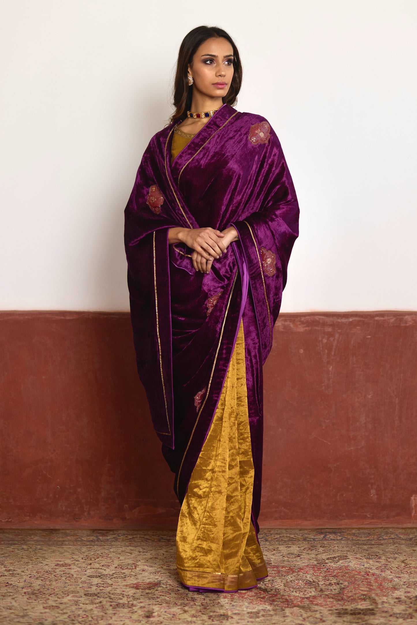 Saree in Purple Velvet and Tissue