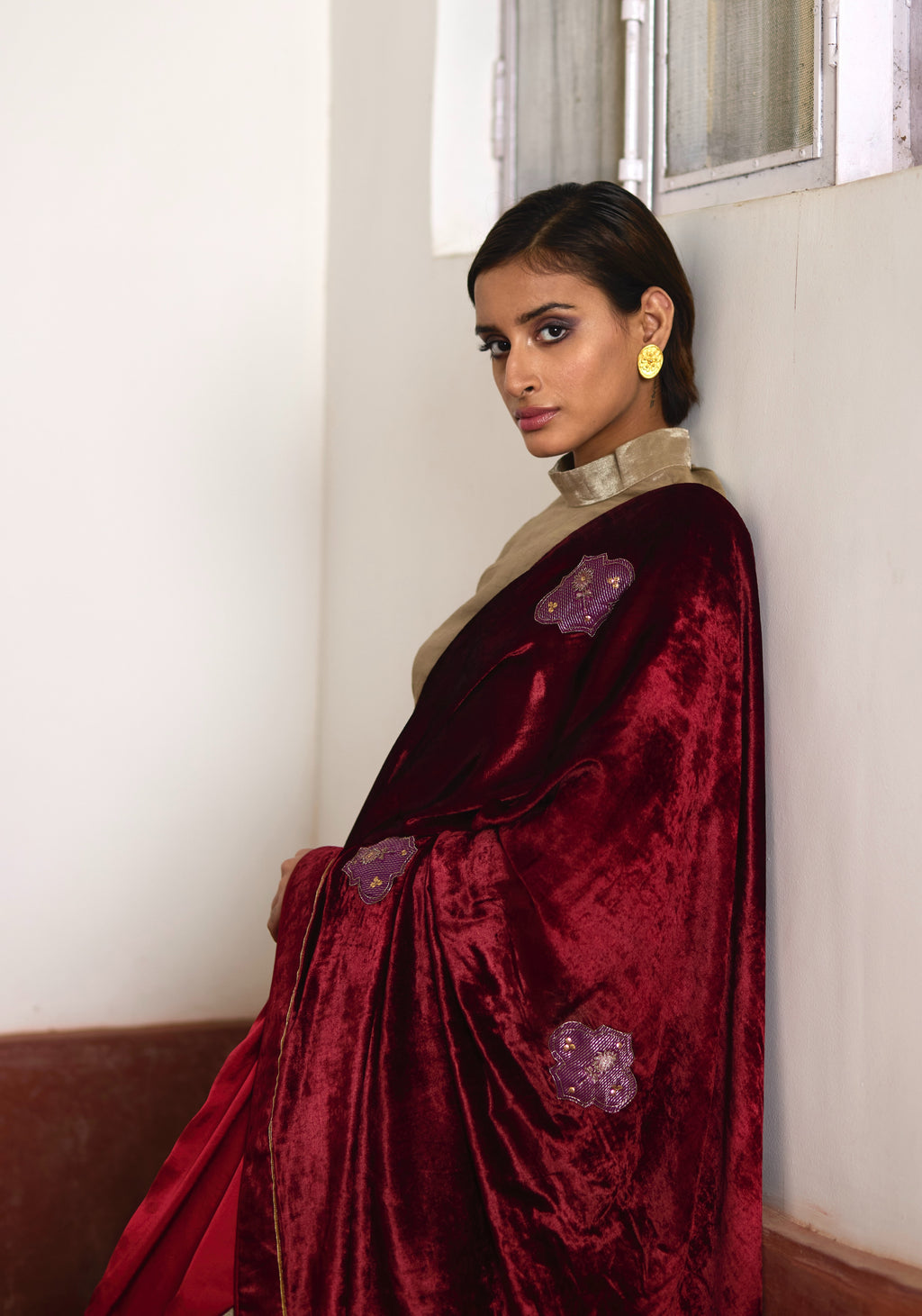 Saree in Red Velvet and Tissue
