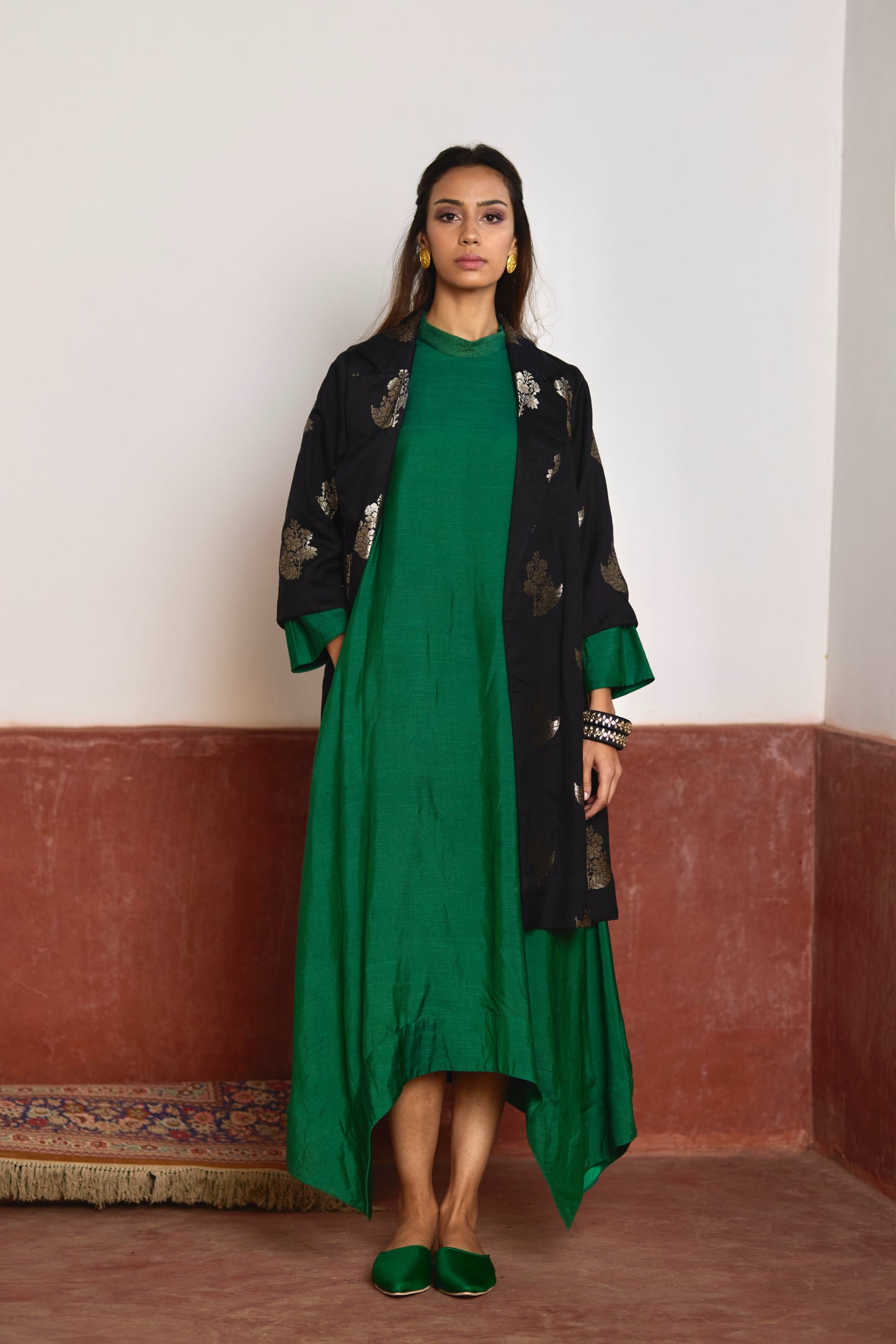 Asymmetrical Dress in Green Silk with Black Brocade Sally Jacket
