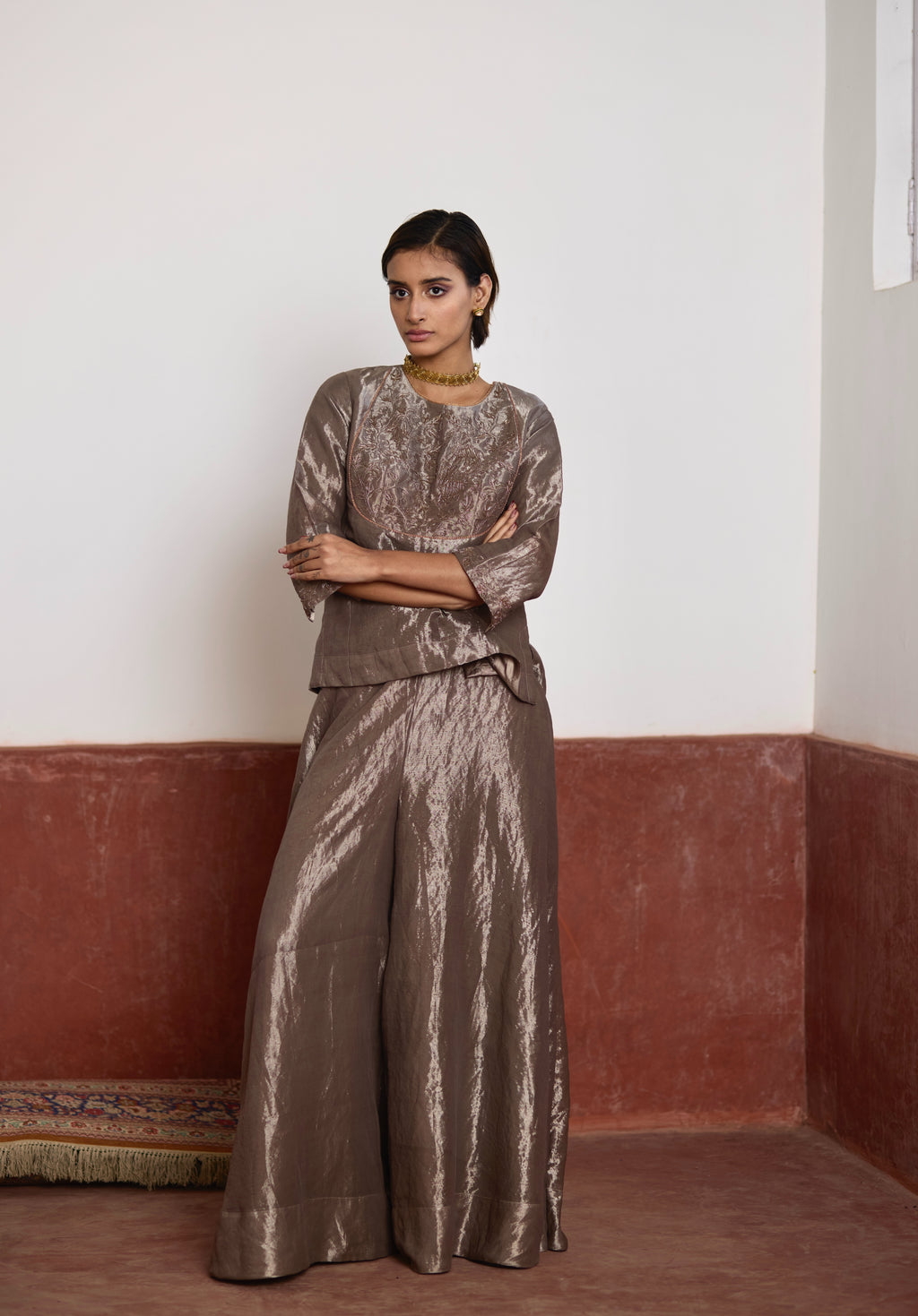 Mini Angrakha Kurta in Silver Tissue with Silver Tissue Garara