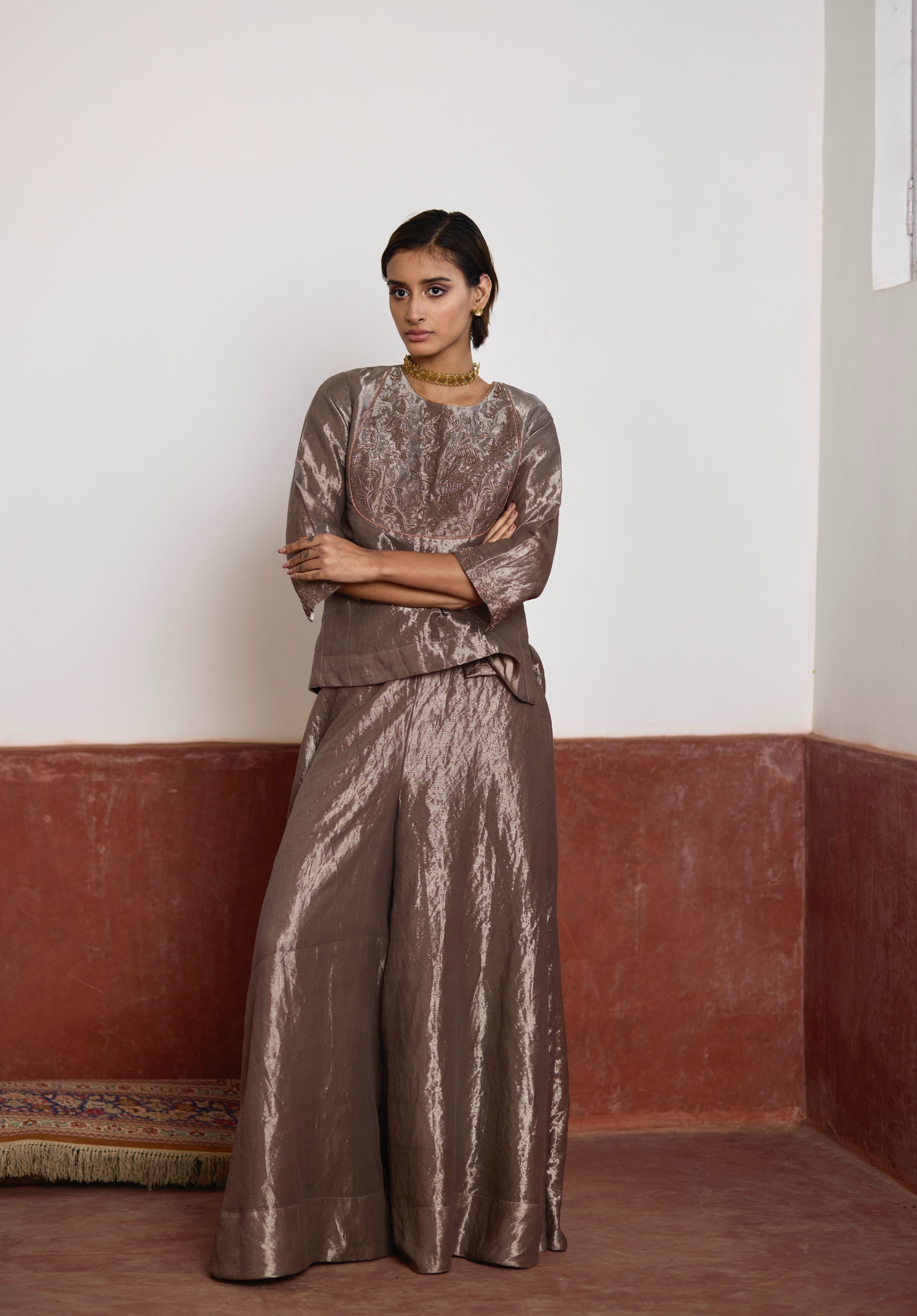 Mini Angrakha Kurta in Silver Tissue with Silver Tissue Garara