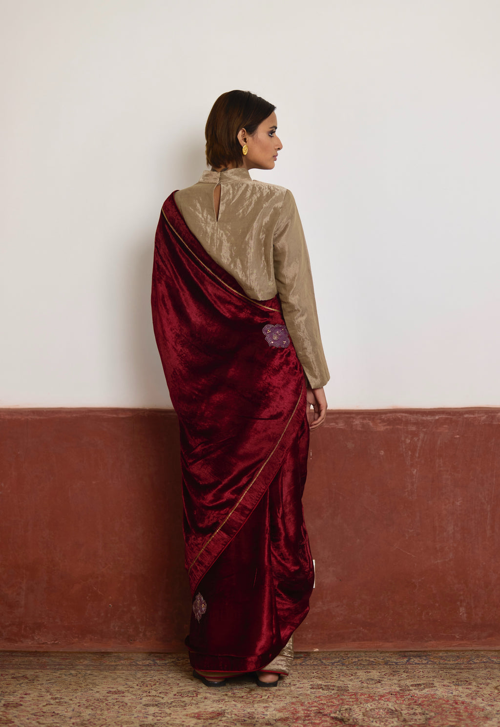Saree in Red Velvet and Tissue
