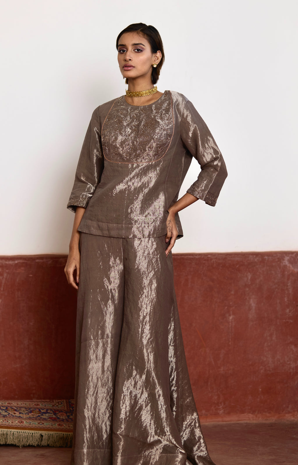 Mini Angrakha Kurta in Silver Tissue with Silver Tissue Garara