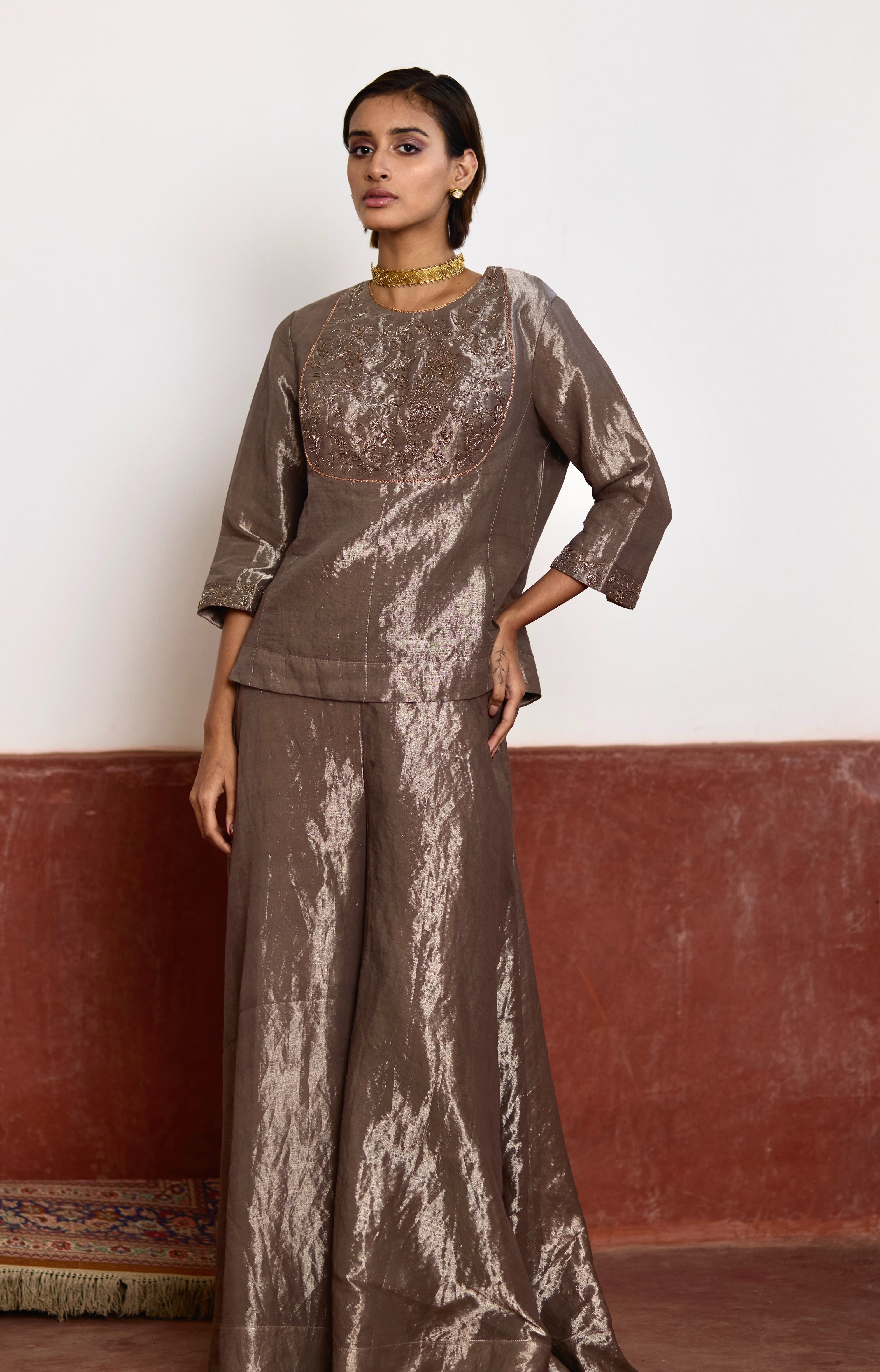 Mini Angrakha Kurta in Silver Tissue with Silver Tissue Garara