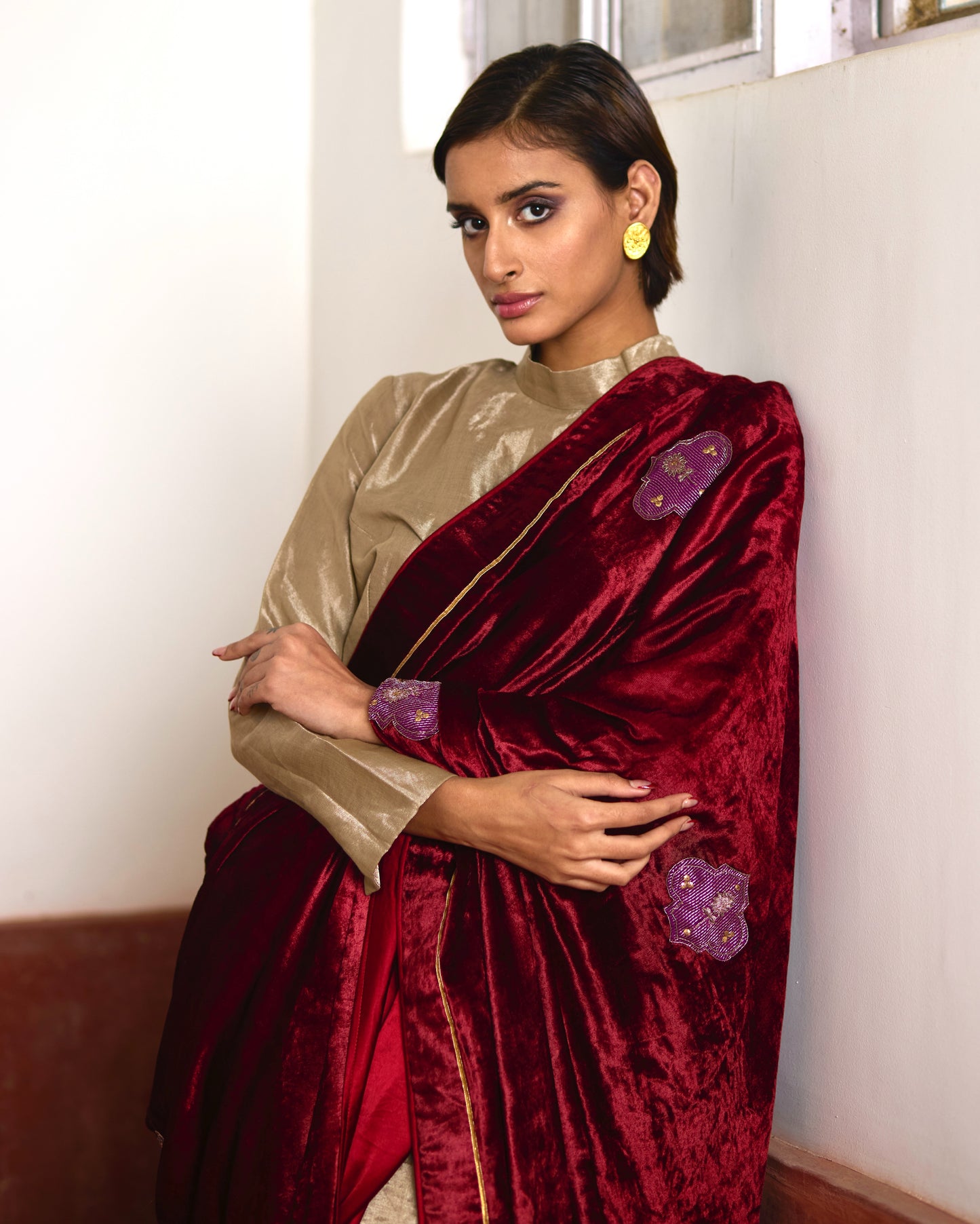 Saree in Red Velvet and Tissue