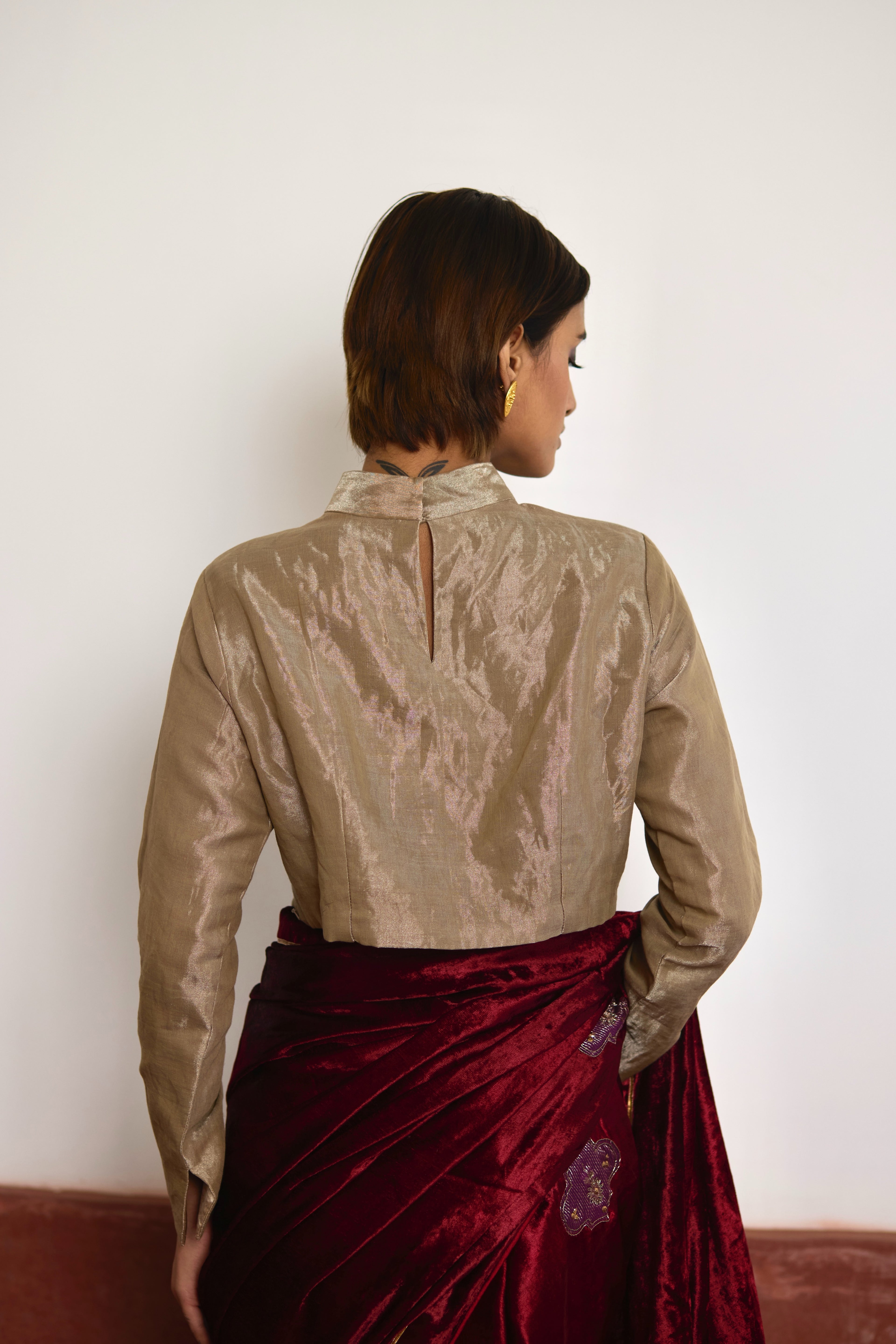 Polo Neck Blouse in Champagne Grey Tissue