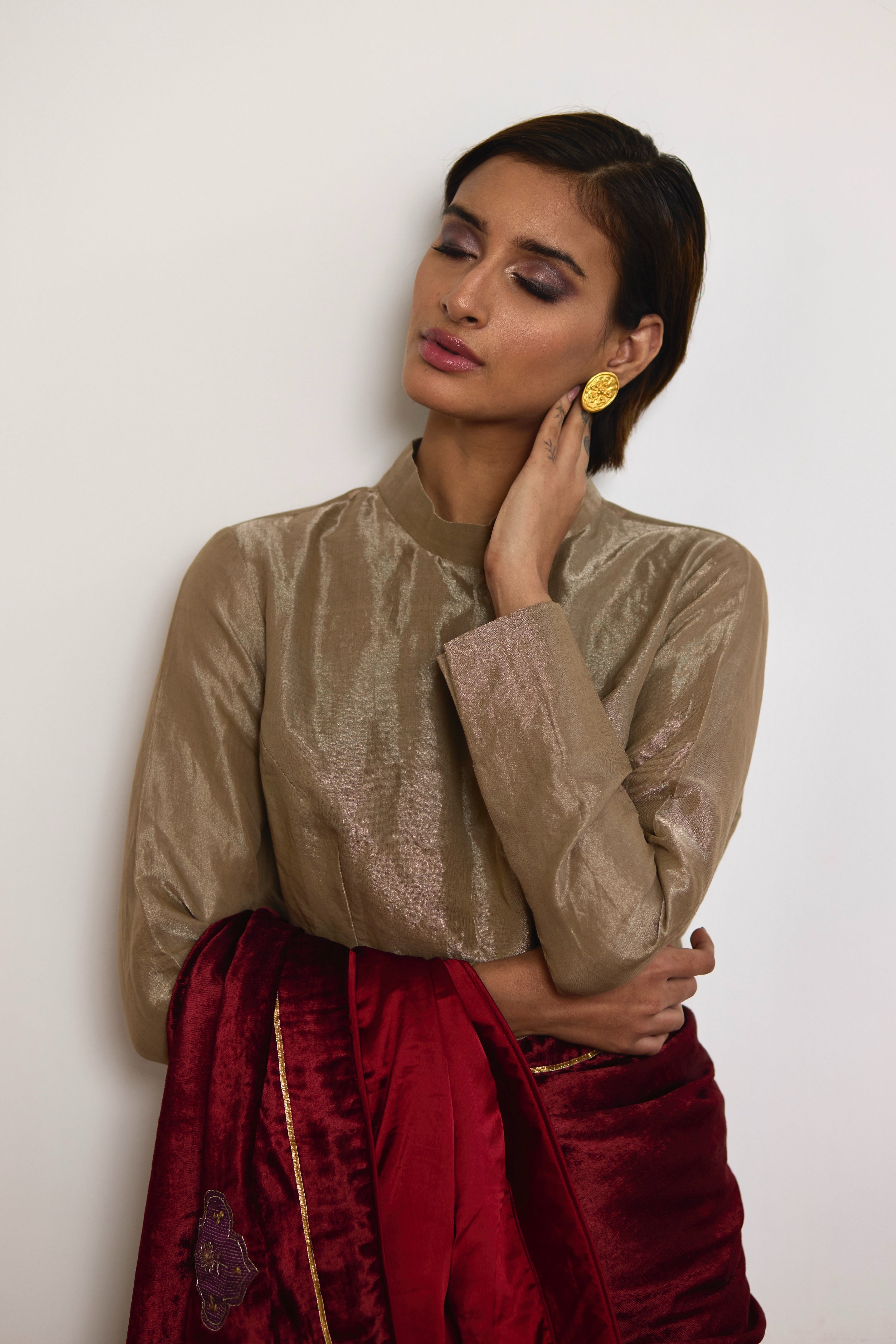 Saree in Red Velvet and Tissue