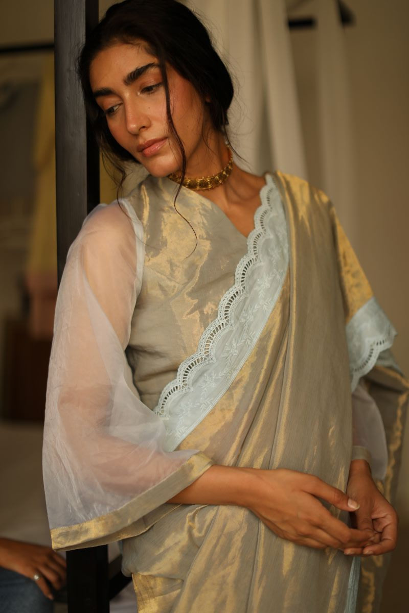 Blouse In Pale Blue Gold Handwoven Tissue
