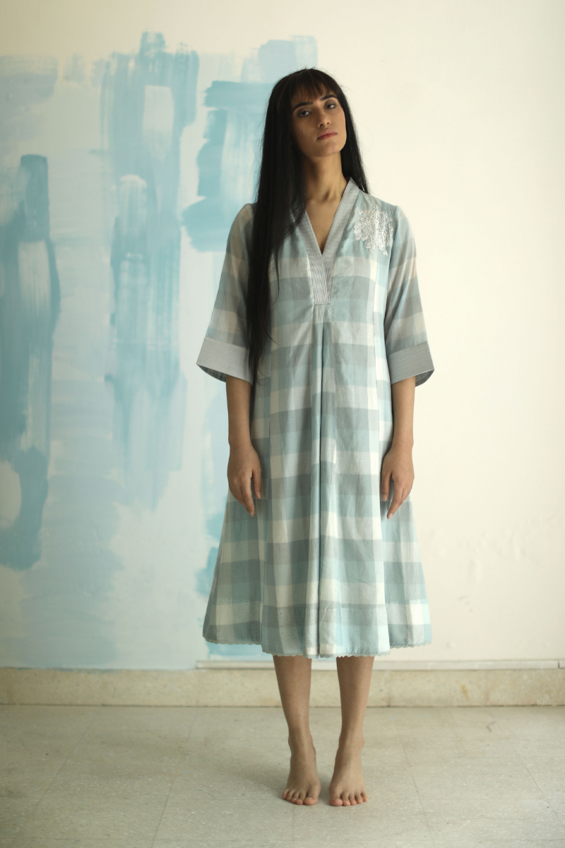 Anarkali dress in handloom lungi checks with cigeratte pants (Set of 2)