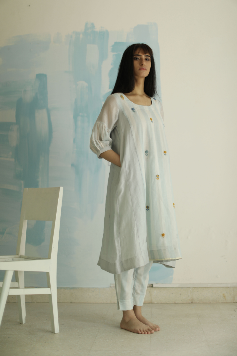 Fb kurta in blue jamdani mota stripes with pants (Set of 2)