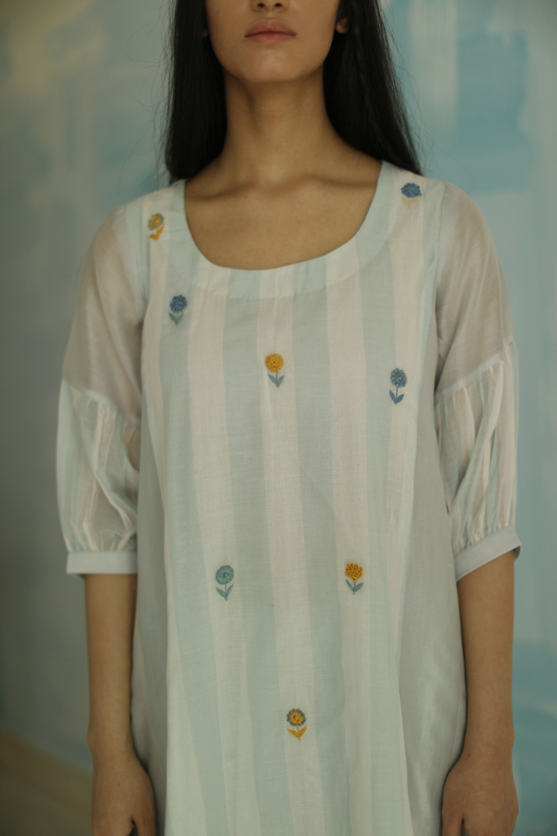 Fb kurta in blue jamdani mota stripes with pants (Set of 2)