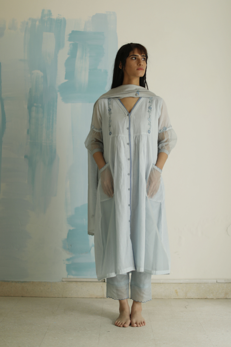 Shama blue jamdani micro checks with pants (Set of 2)