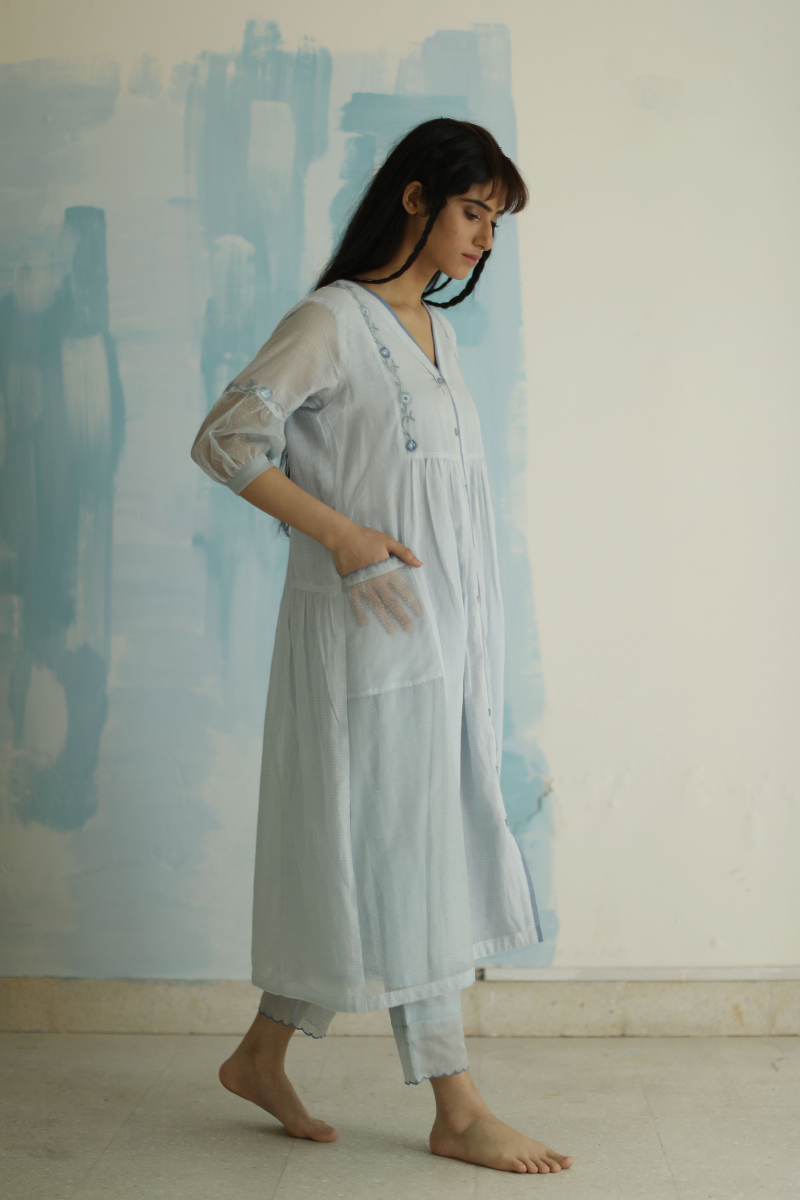 Shama blue jamdani micro checks with pants (Set of 2)