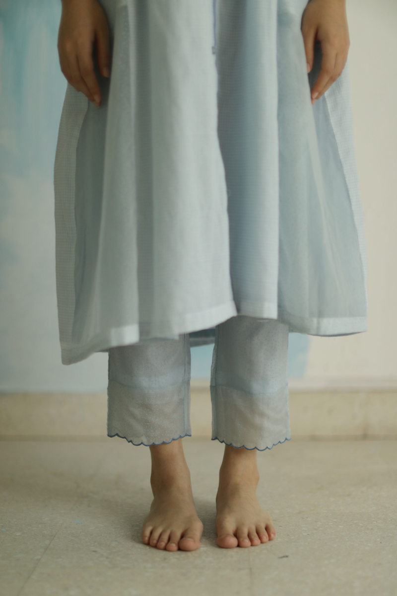 Shama blue jamdani micro checks with pants (Set of 2)
