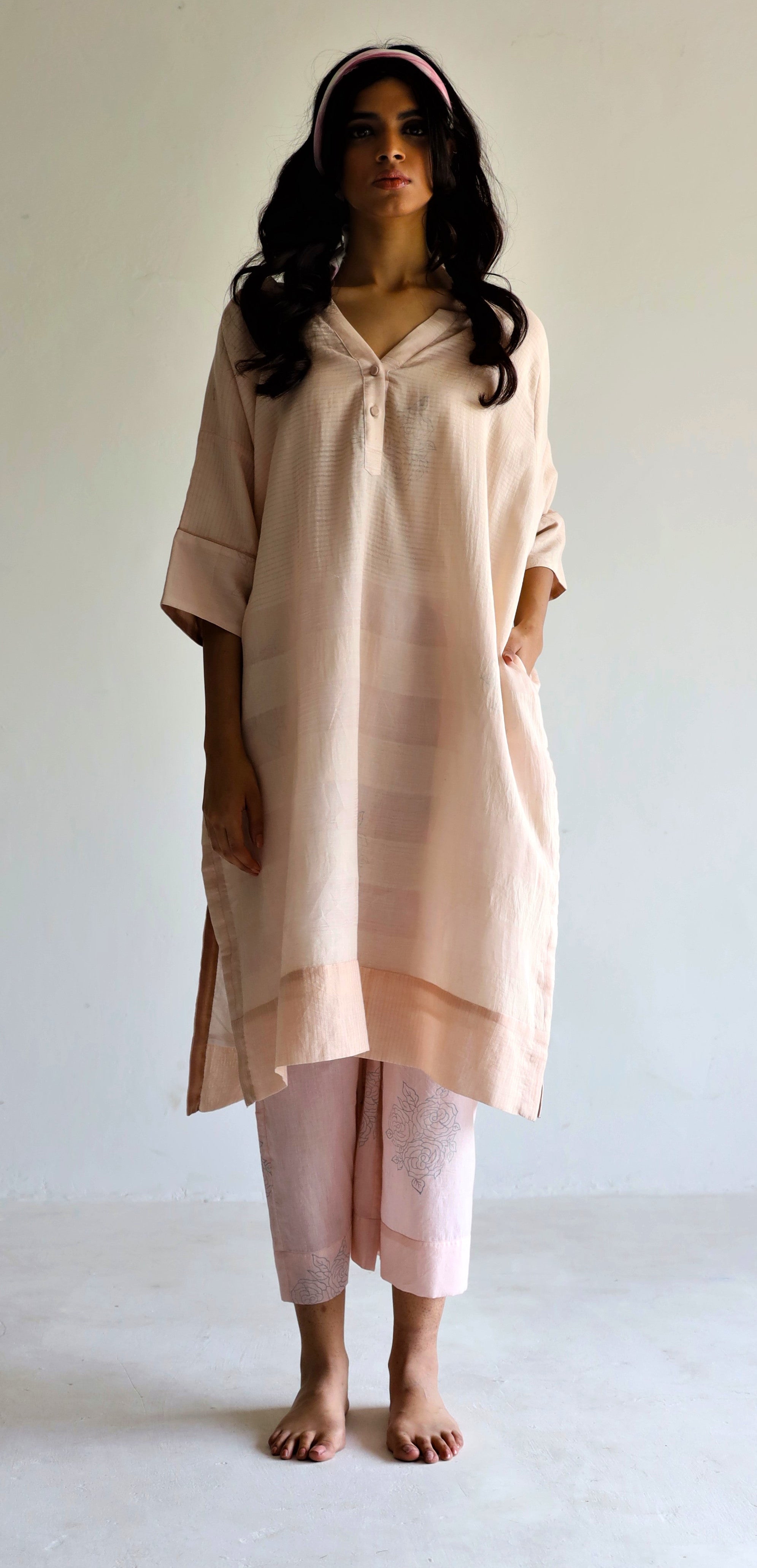 Kaftan In Gulab Pink Silk Muslin With Palazzo