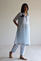 Collar Ana Dress in Ice Blue Jamdani Micro Checks with Pants