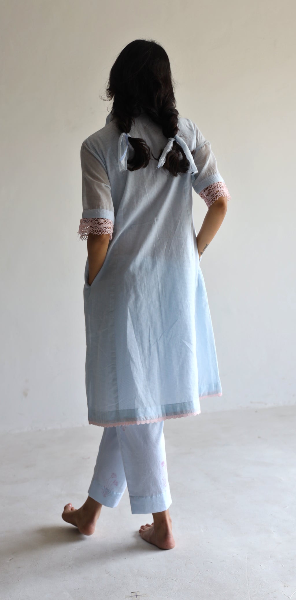 Collar Ana Dress in Ice Blue Jamdani Micro Checks with Pants