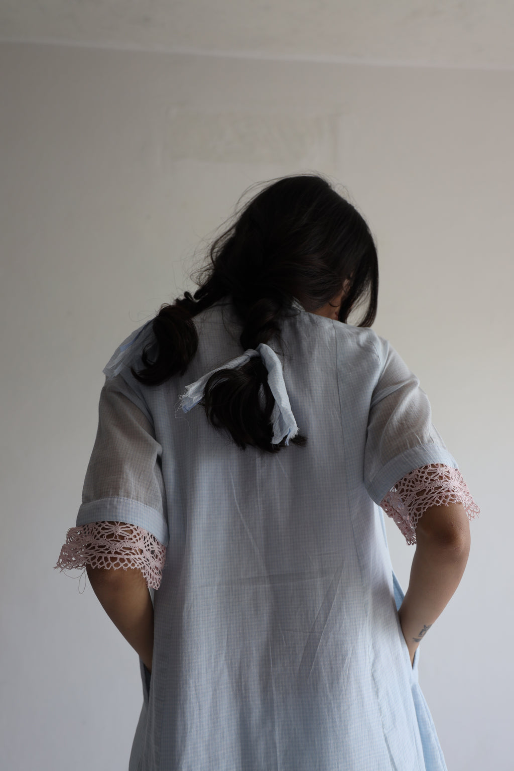 Collar Ana Dress in Ice Blue Jamdani Micro Checks with Pants