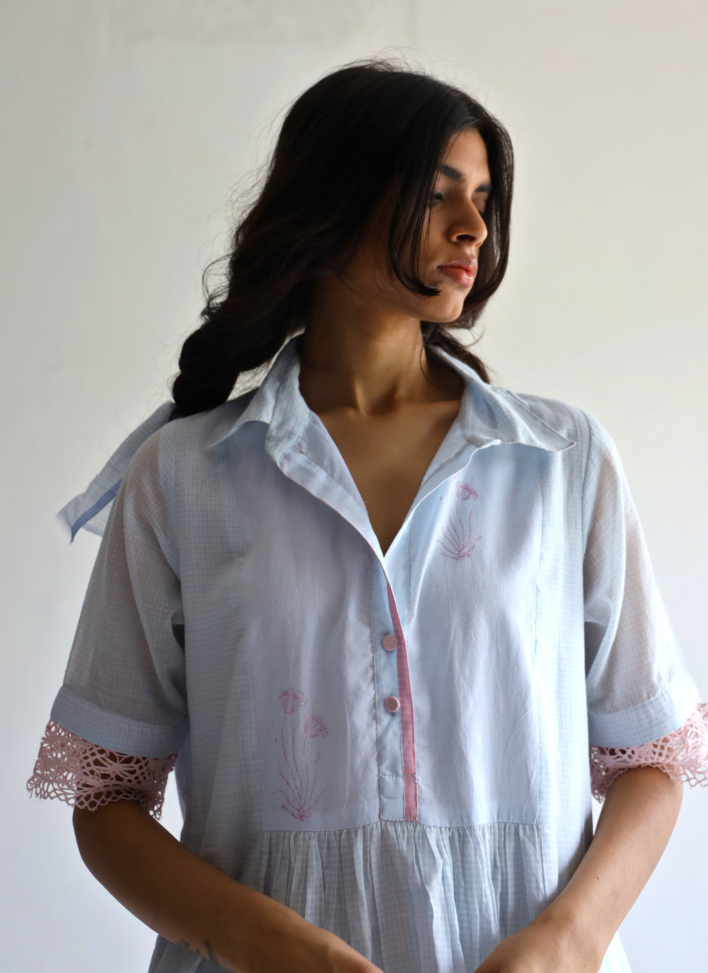 Collar Ana Dress in Ice Blue Jamdani Micro Checks with Pants