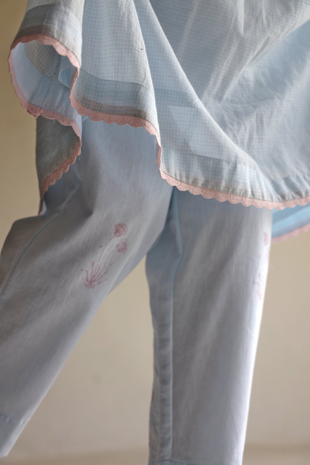 Collar Ana Dress in Ice Blue Jamdani Micro Checks with Pants