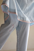 Collar Ana Dress in Ice Blue Jamdani Micro Checks with Pants