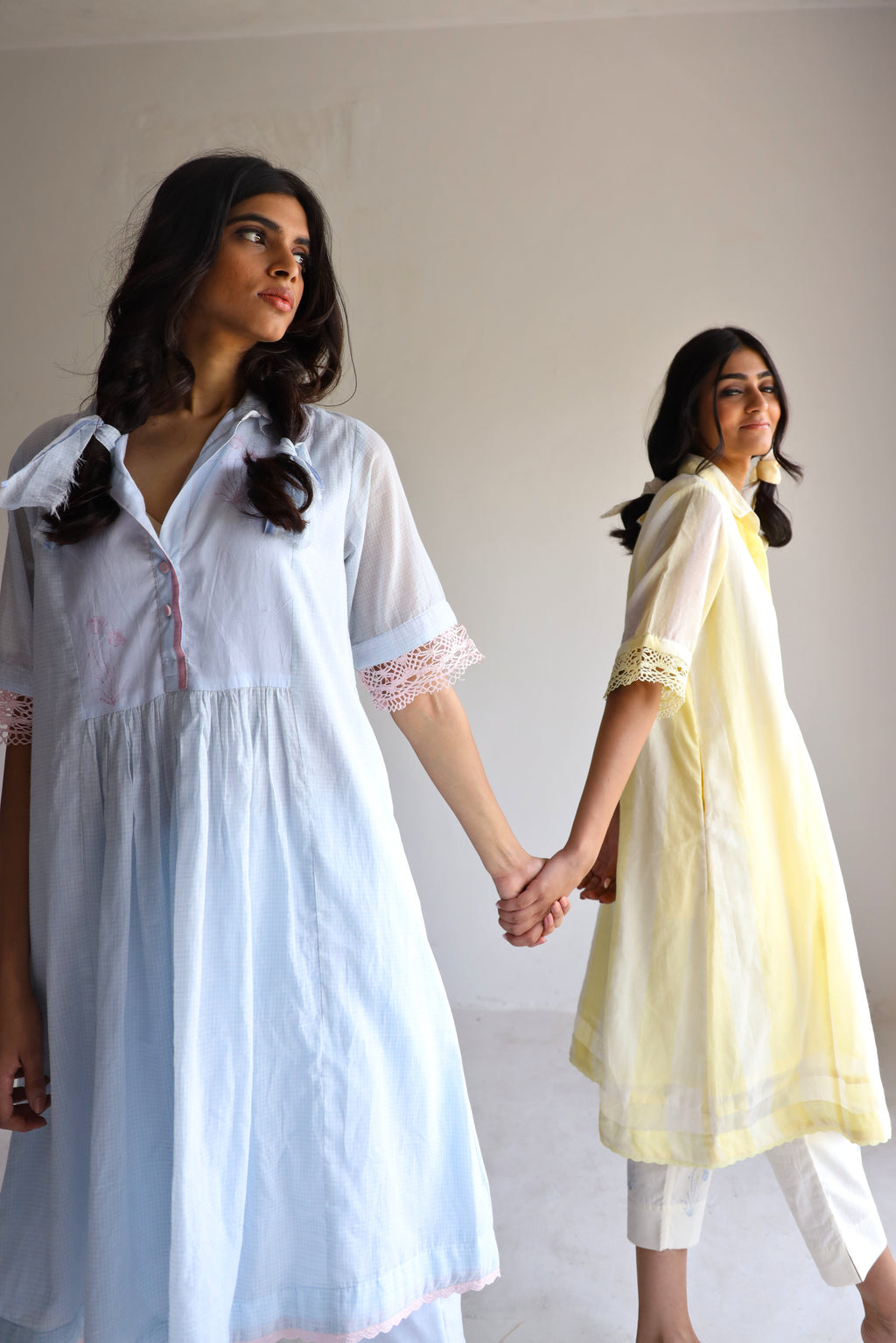 Collar Ana Dress in Kesar Yellow Jamdani stripes with Pants