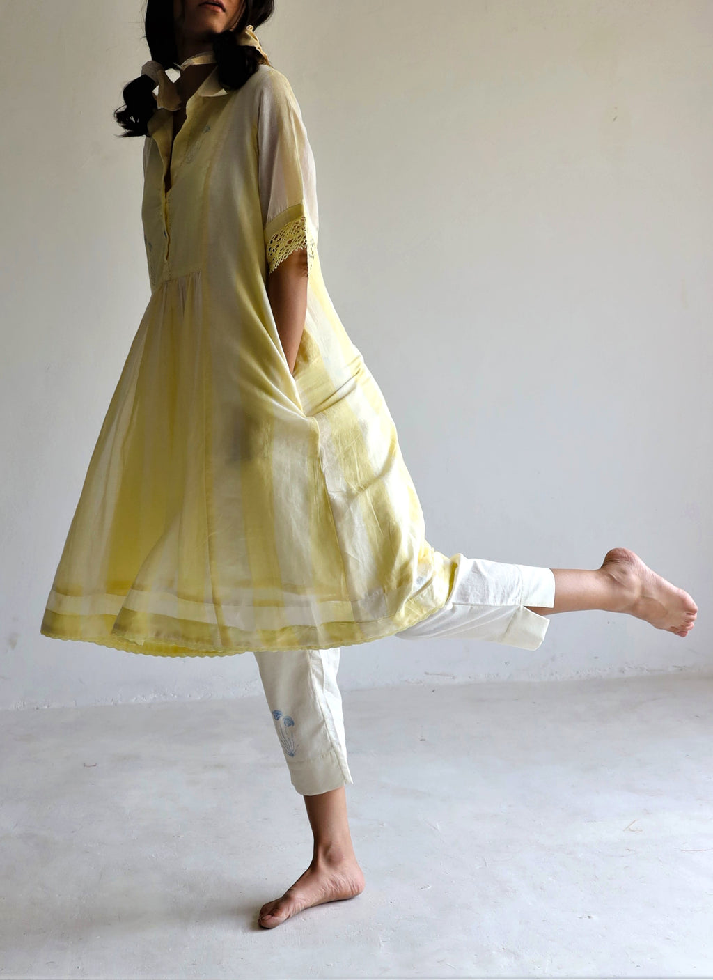 Collar Ana Dress in Kesar Yellow Jamdani stripes with Pants