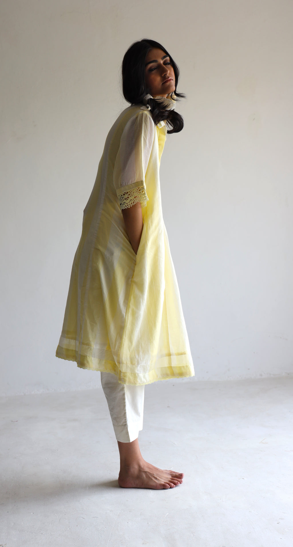 Collar Ana Dress in Kesar Yellow Jamdani stripes with Pants