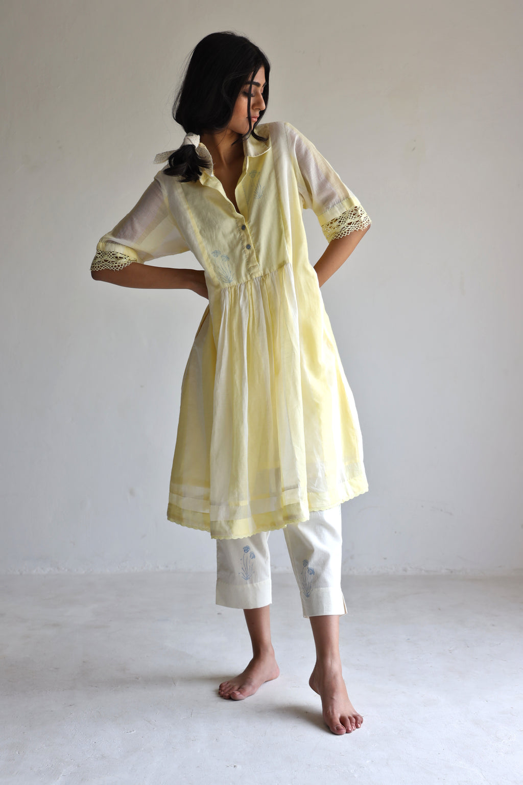 Collar Ana Dress in Kesar Yellow Jamdani stripes with Pants