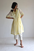 Collar Ana Dress in Kesar Yellow Jamdani stripes with Pants