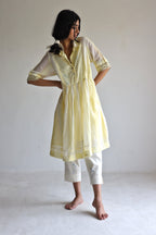 Collar Ana Dress in Kesar Yellow Jamdani stripes with Pants