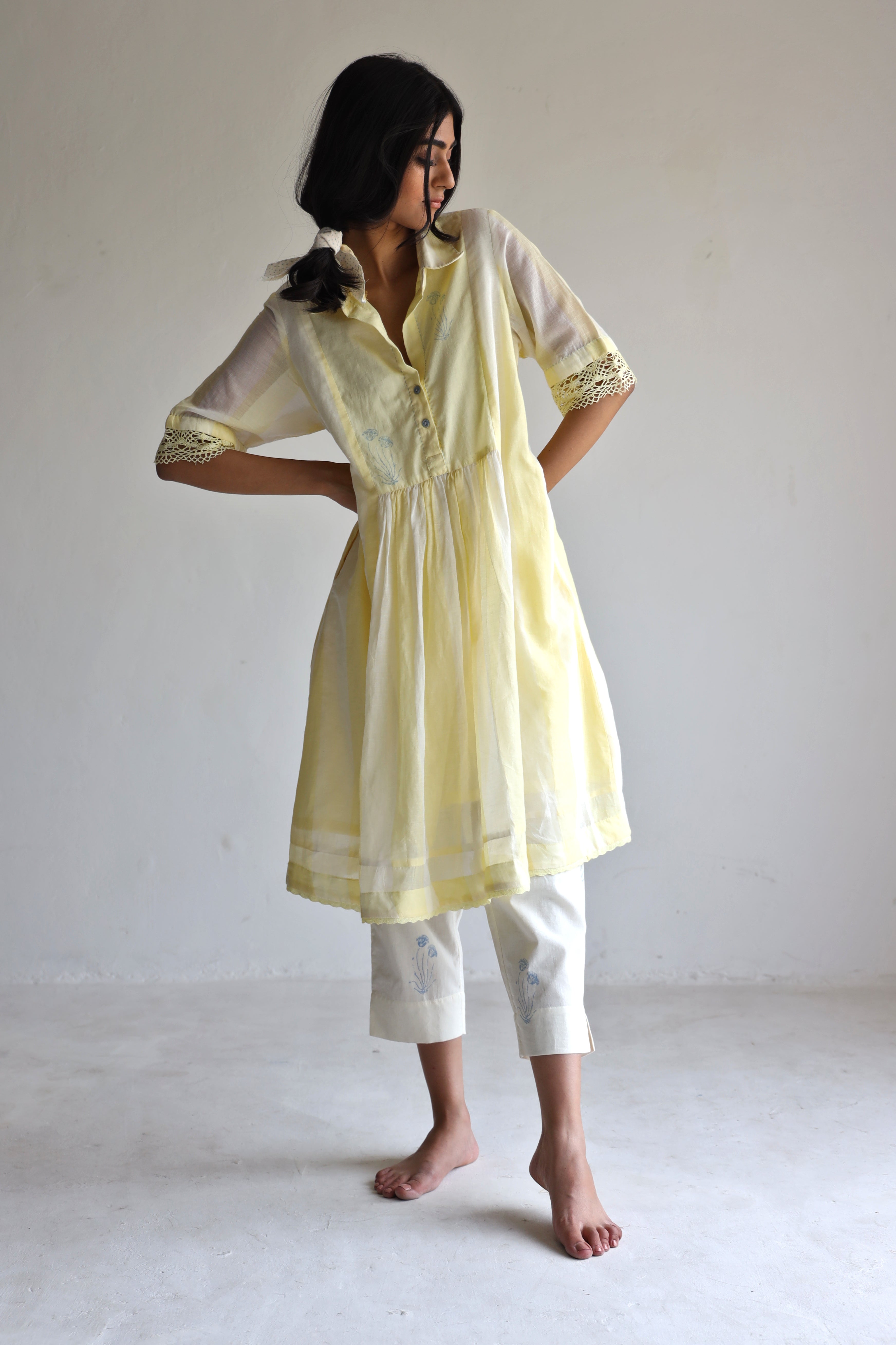Collar Ana Dress in Kesar Yellow Jamdani stripes with Pants