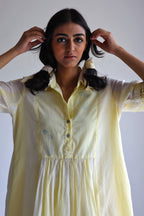 Collar Ana Dress in Kesar Yellow Jamdani stripes with Pants