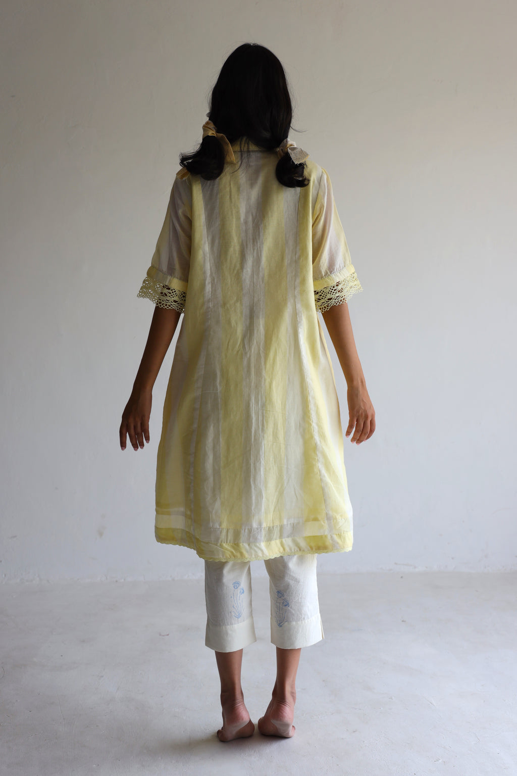 Collar Ana Dress in Kesar Yellow Jamdani stripes with Pants