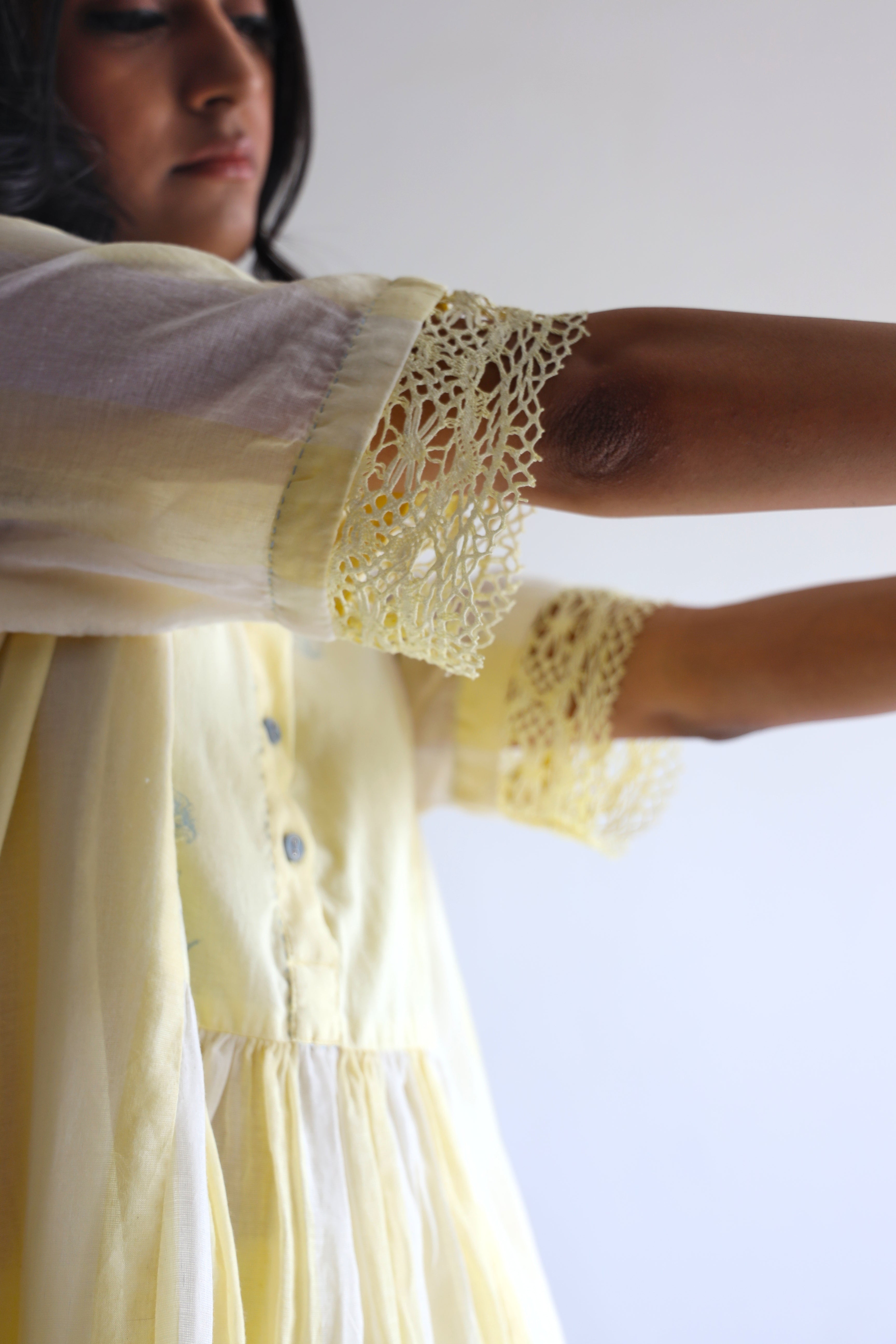 Collar Ana Dress in Kesar Yellow Jamdani stripes with Pants