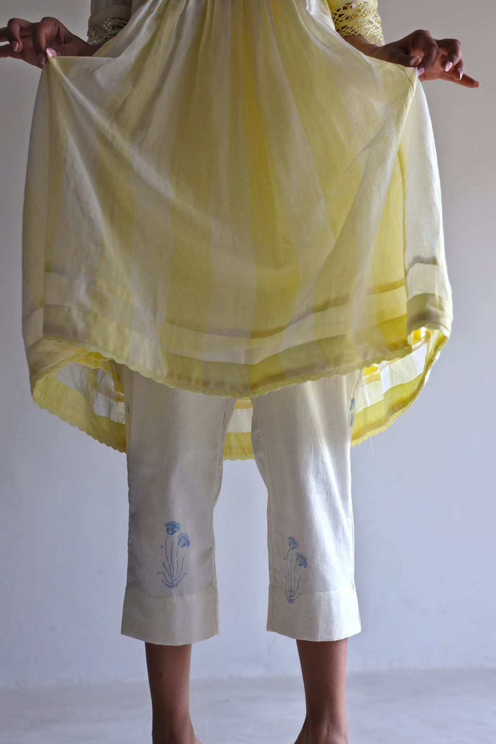 Collar Ana Dress in Kesar Yellow Jamdani stripes with Pants