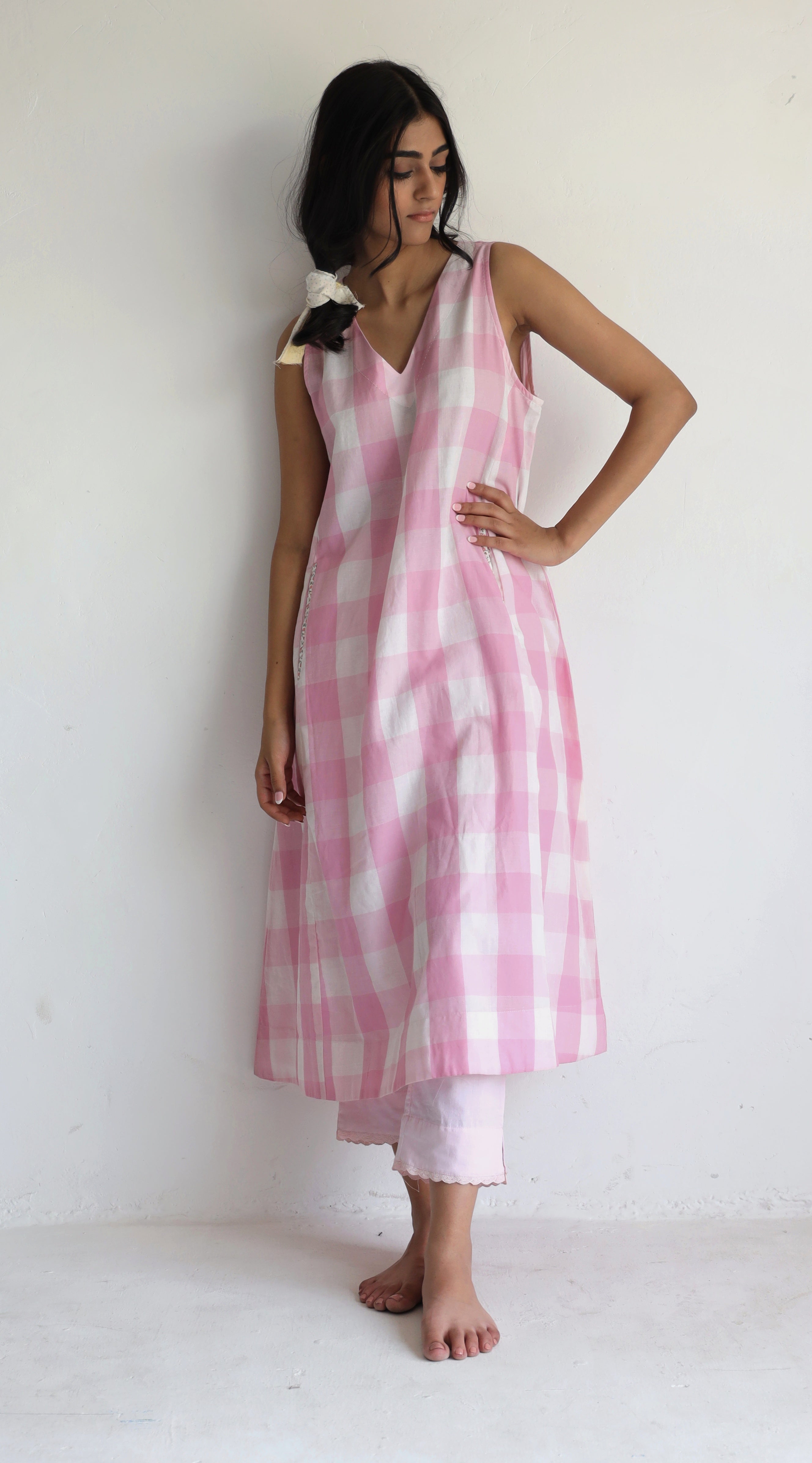 Tannu Dress in Pink Jamdani Lungi Checks