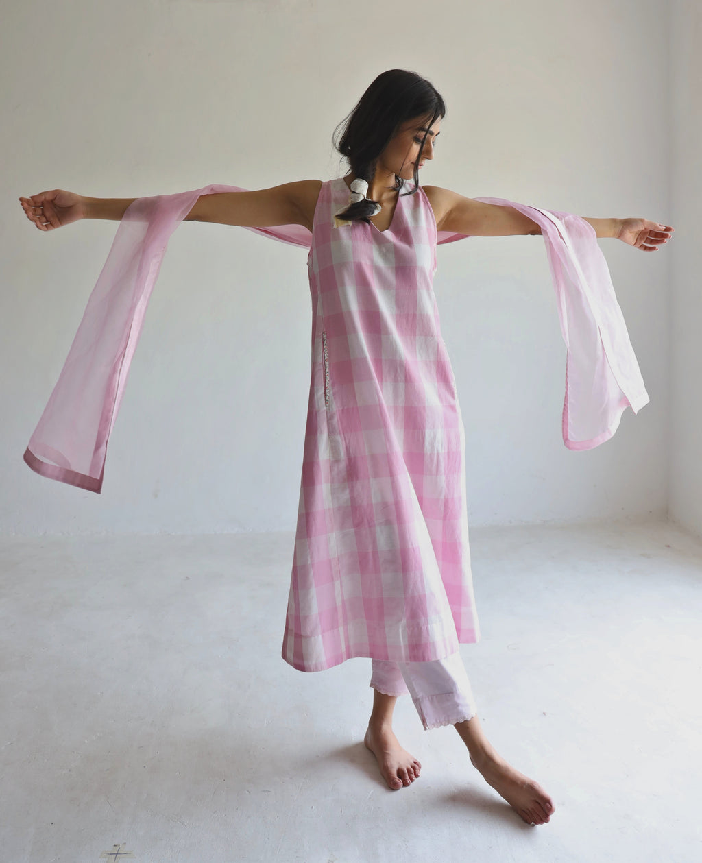 Tannu Dress in Pink Jamdani Lungi Checks
