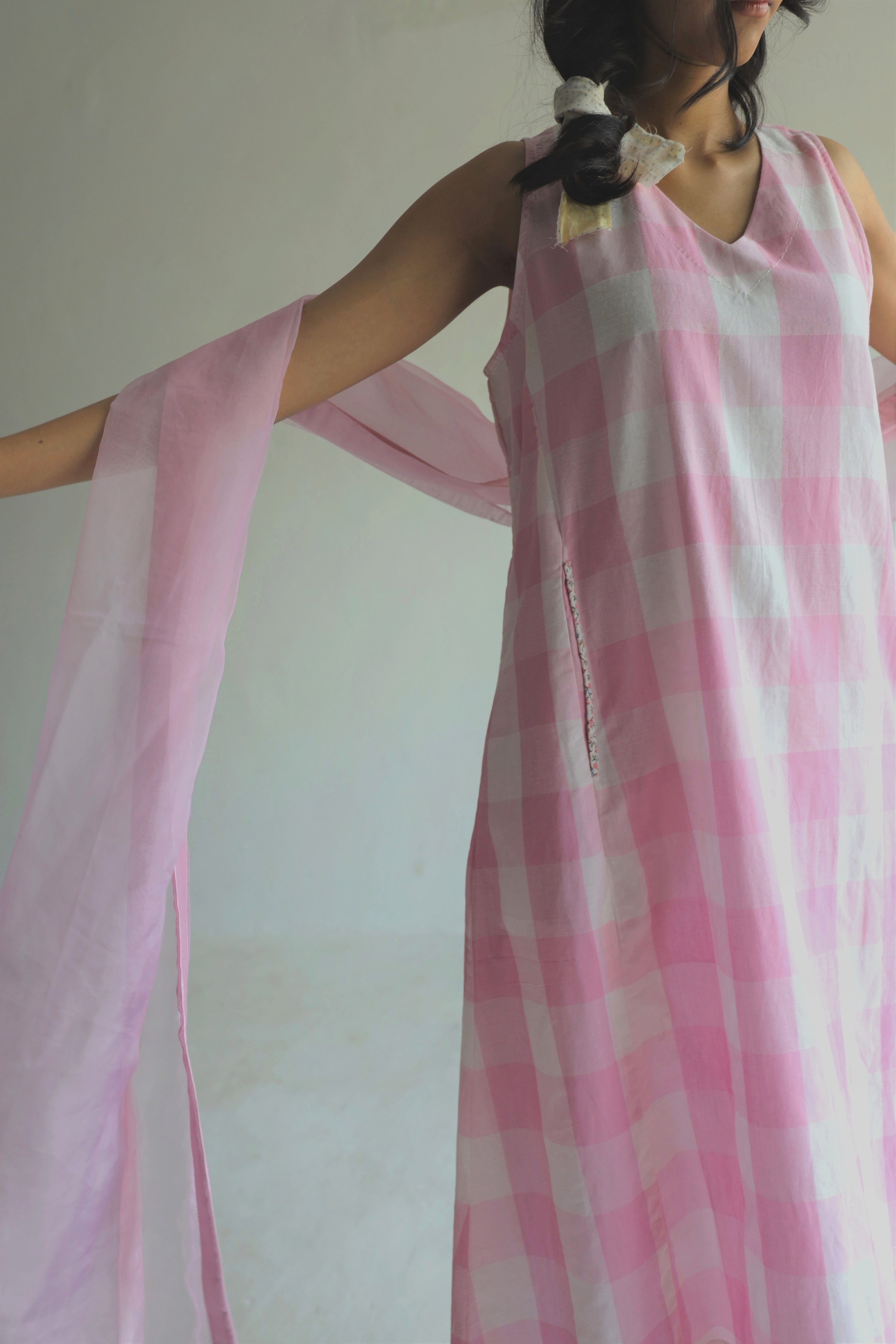 Tannu Dress in Pink Jamdani Lungi Checks
