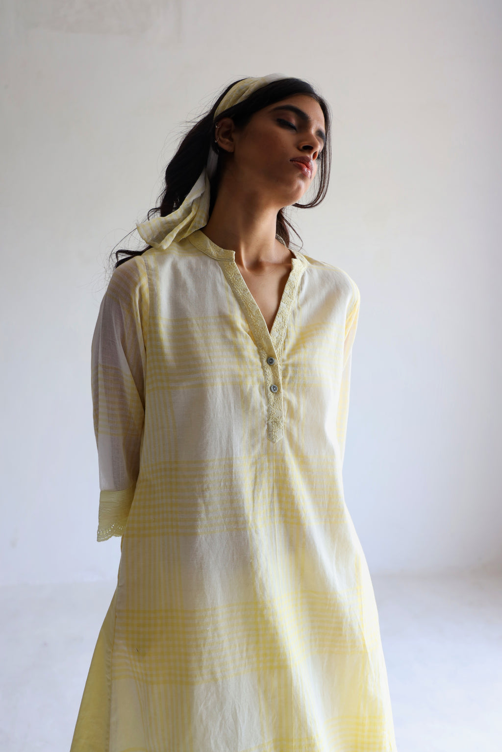 Mini Kurta In Kesar Yellow Jamdani Grid Checks With Pants