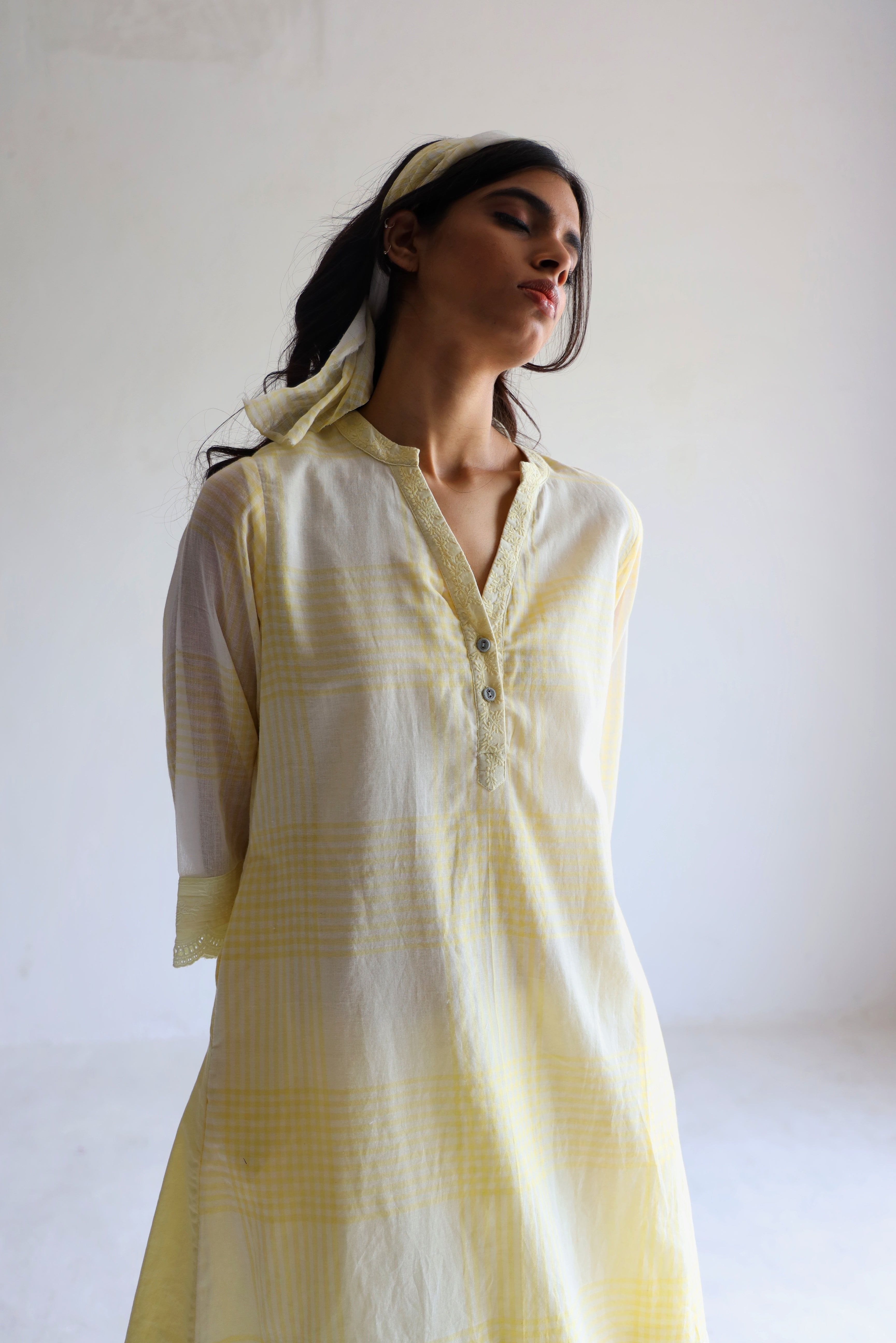 Mini Kurta In Kesar Yellow Jamdani Grid Checks With Pants