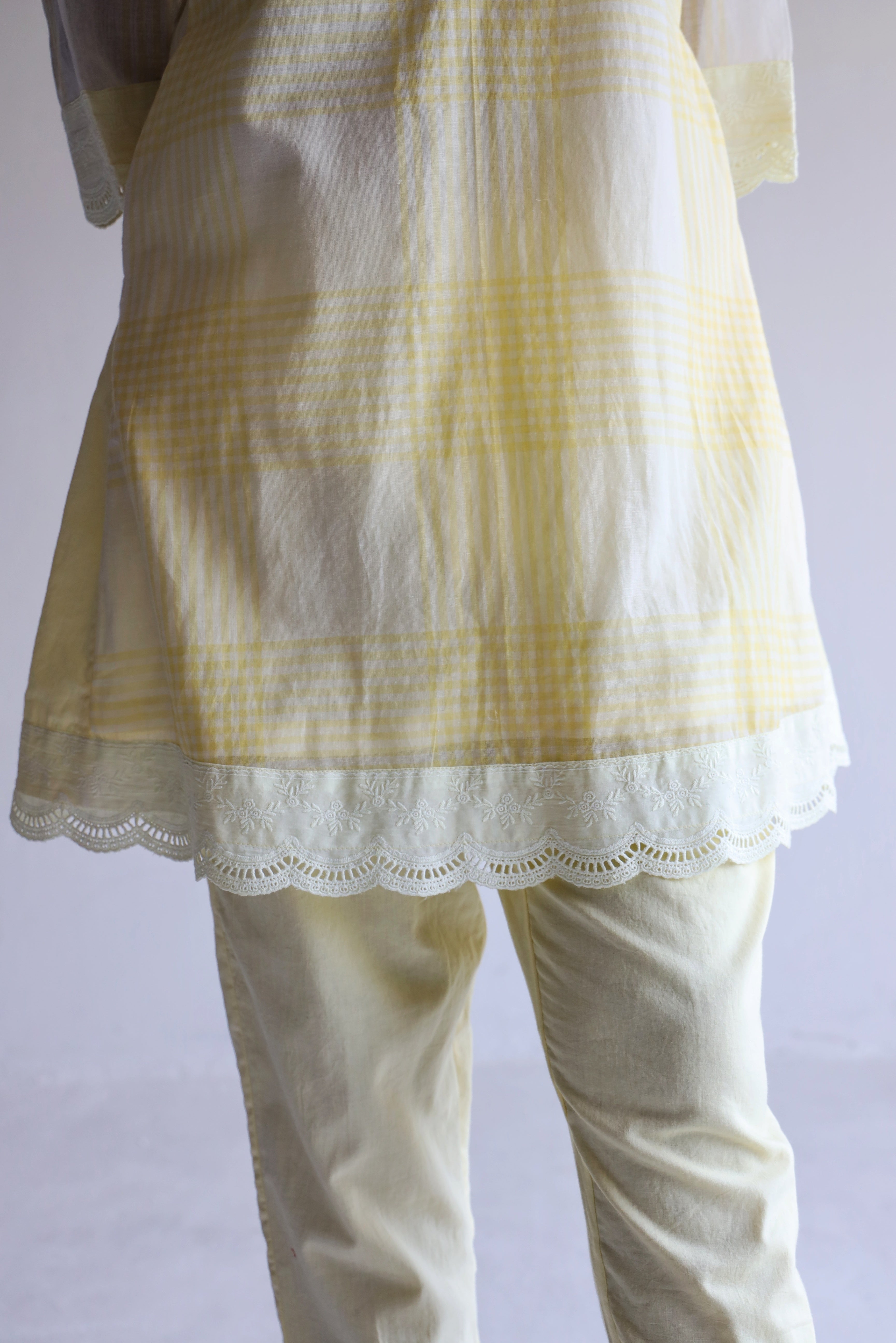 Mini Kurta In Kesar Yellow Jamdani Grid Checks With Pants