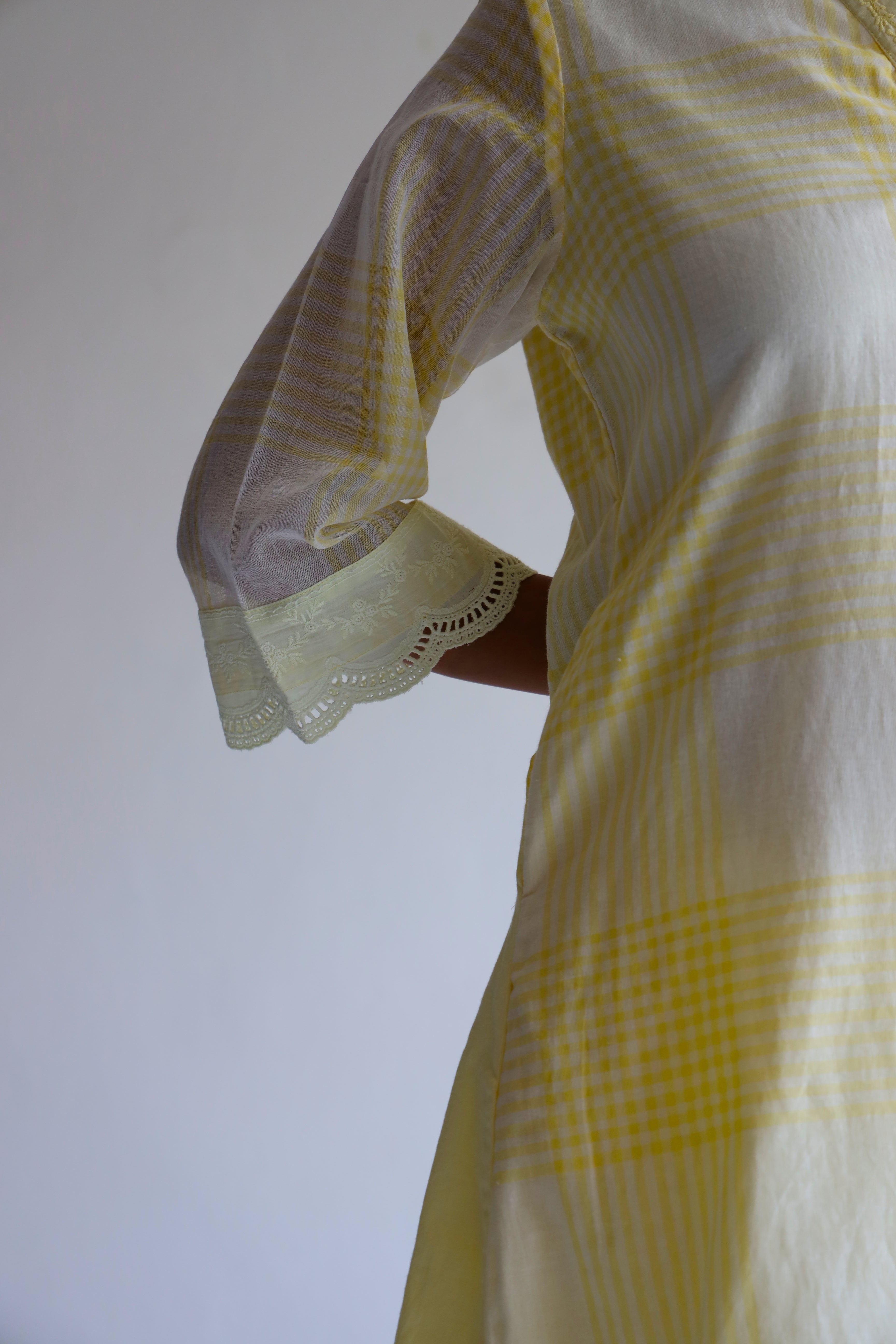 Mini Kurta In Kesar Yellow Jamdani Grid Checks With Pants