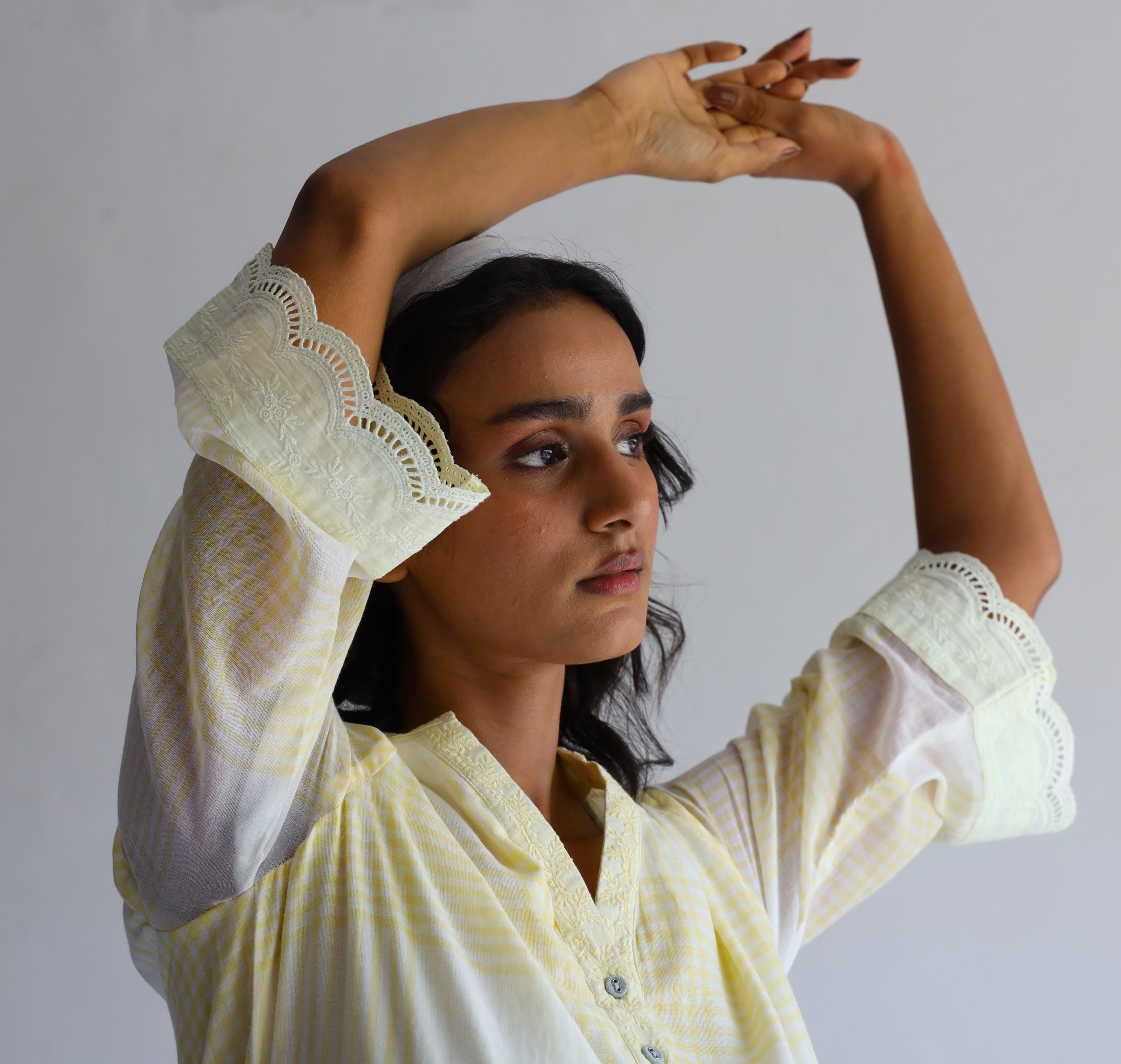 Mini Kurta In Kesar Yellow Jamdani Grid Checks With Pants
