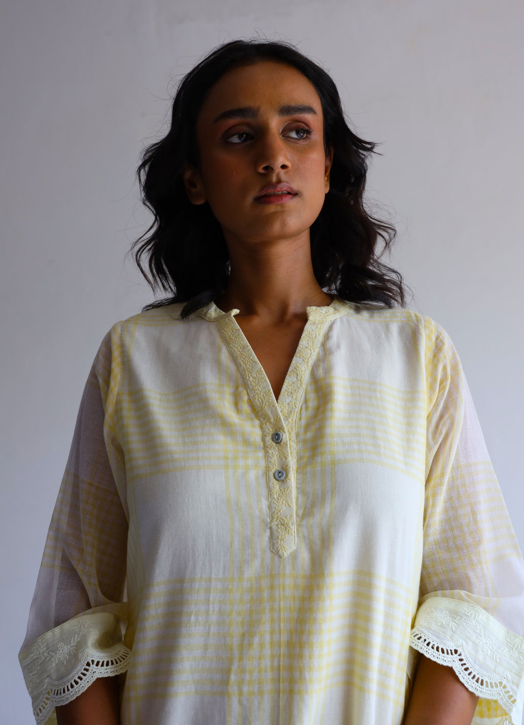 Mini Kurta In Kesar Yellow Jamdani Grid Checks With Pants