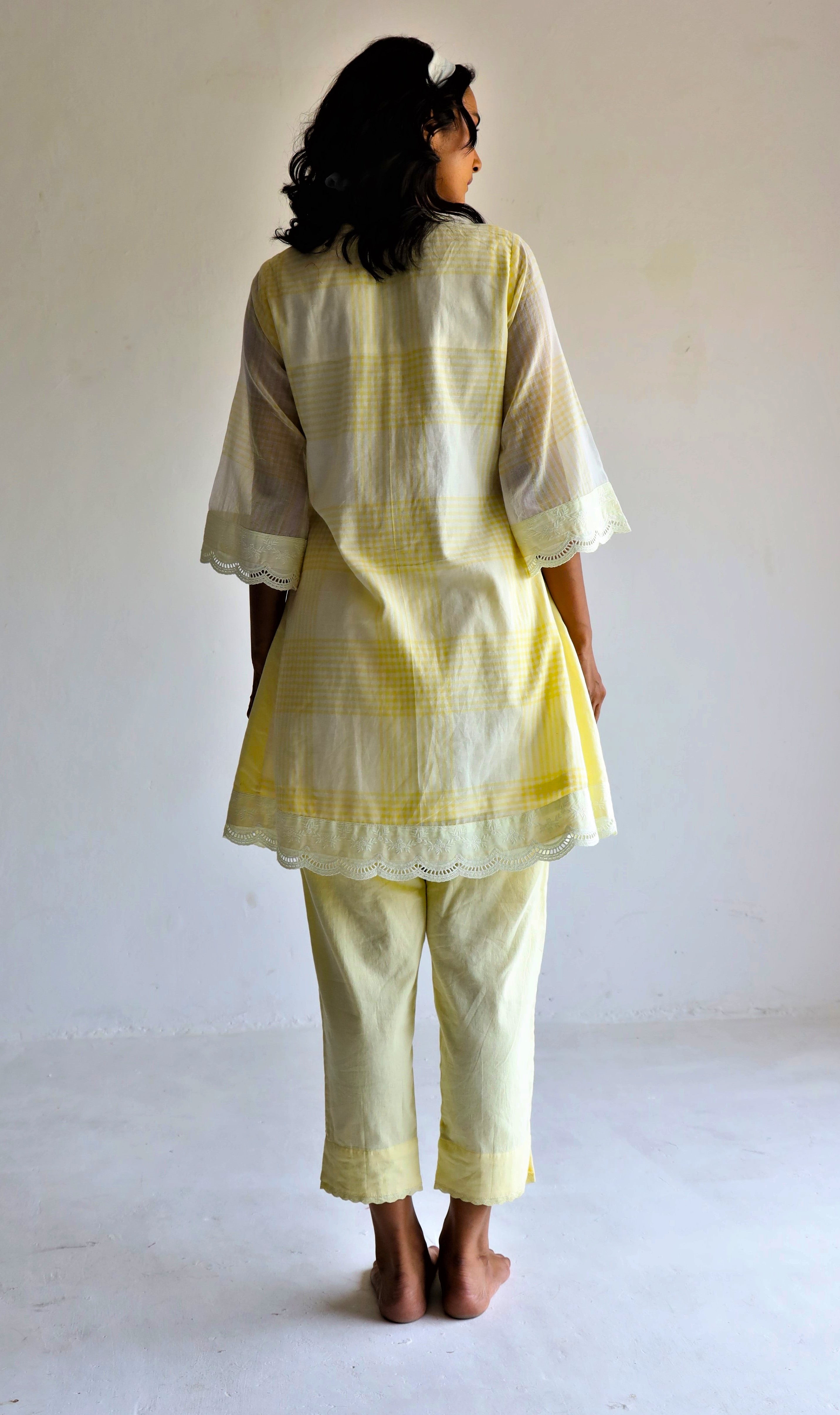 Mini Kurta In Kesar Yellow Jamdani Grid Checks With Pants