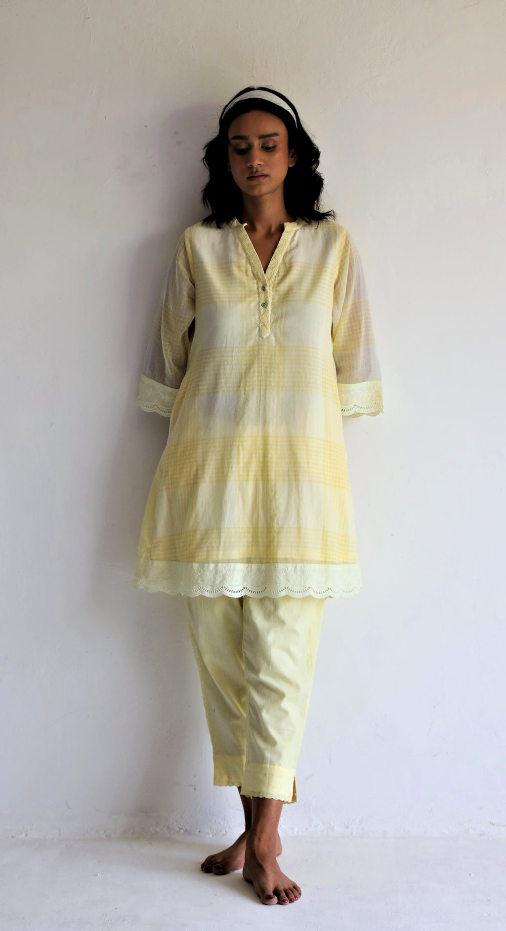 Mini Kurta In Kesar Yellow Jamdani Grid Checks With Pants