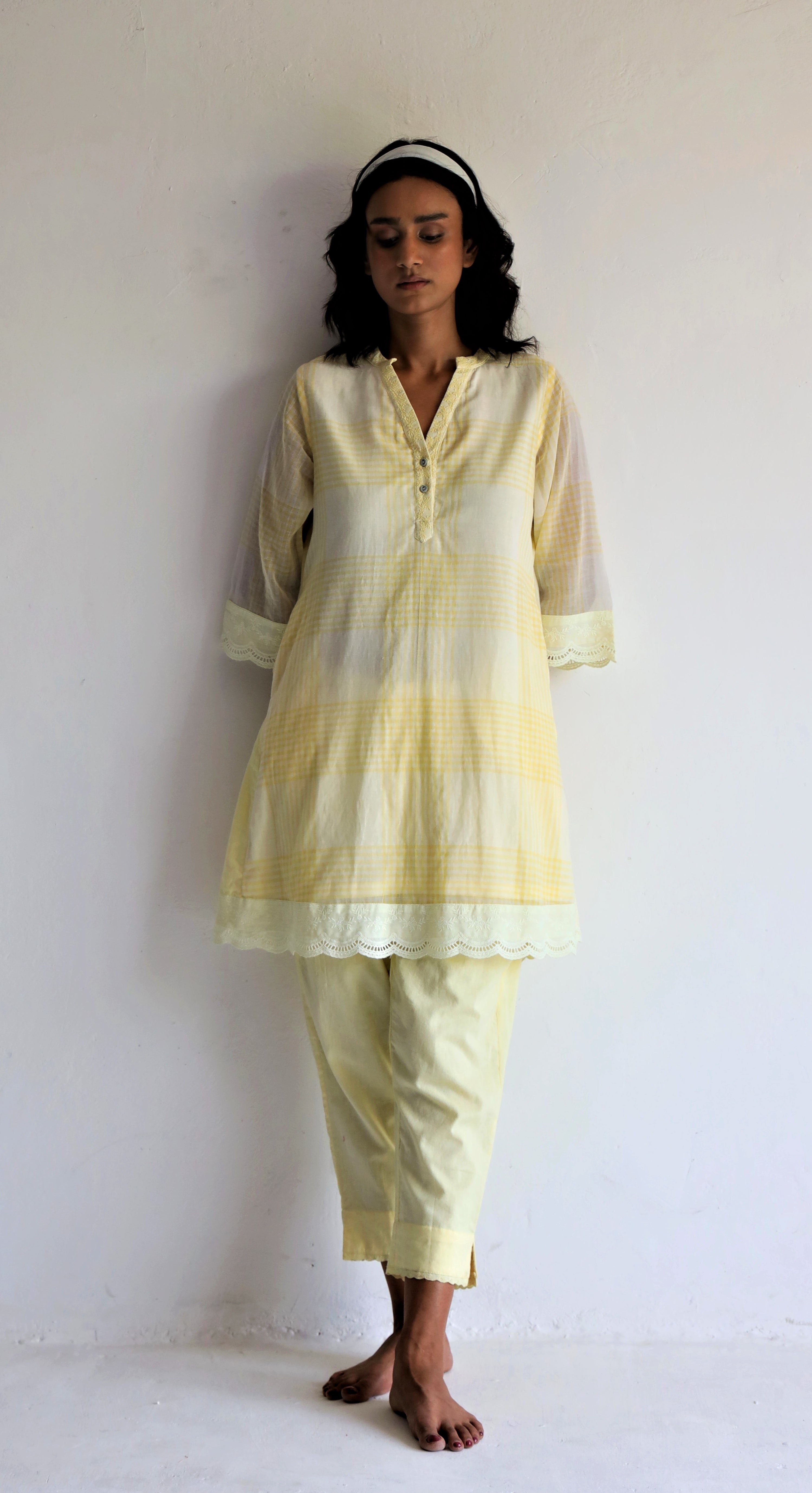 Mini Kurta In Kesar Yellow Jamdani Grid Checks With Pants